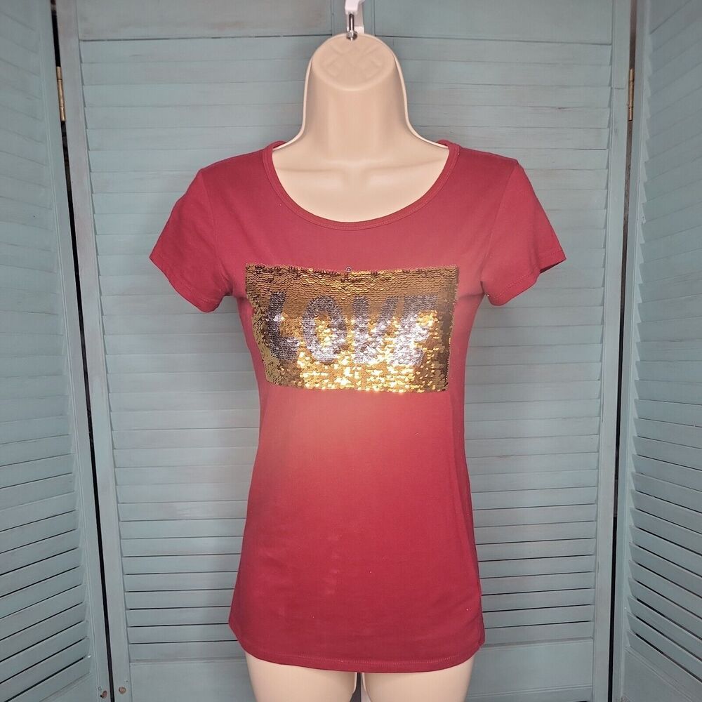First Love Shirt Blouse ~ Sz S ~ Burgundy & Gold ~ Short Sleeve
